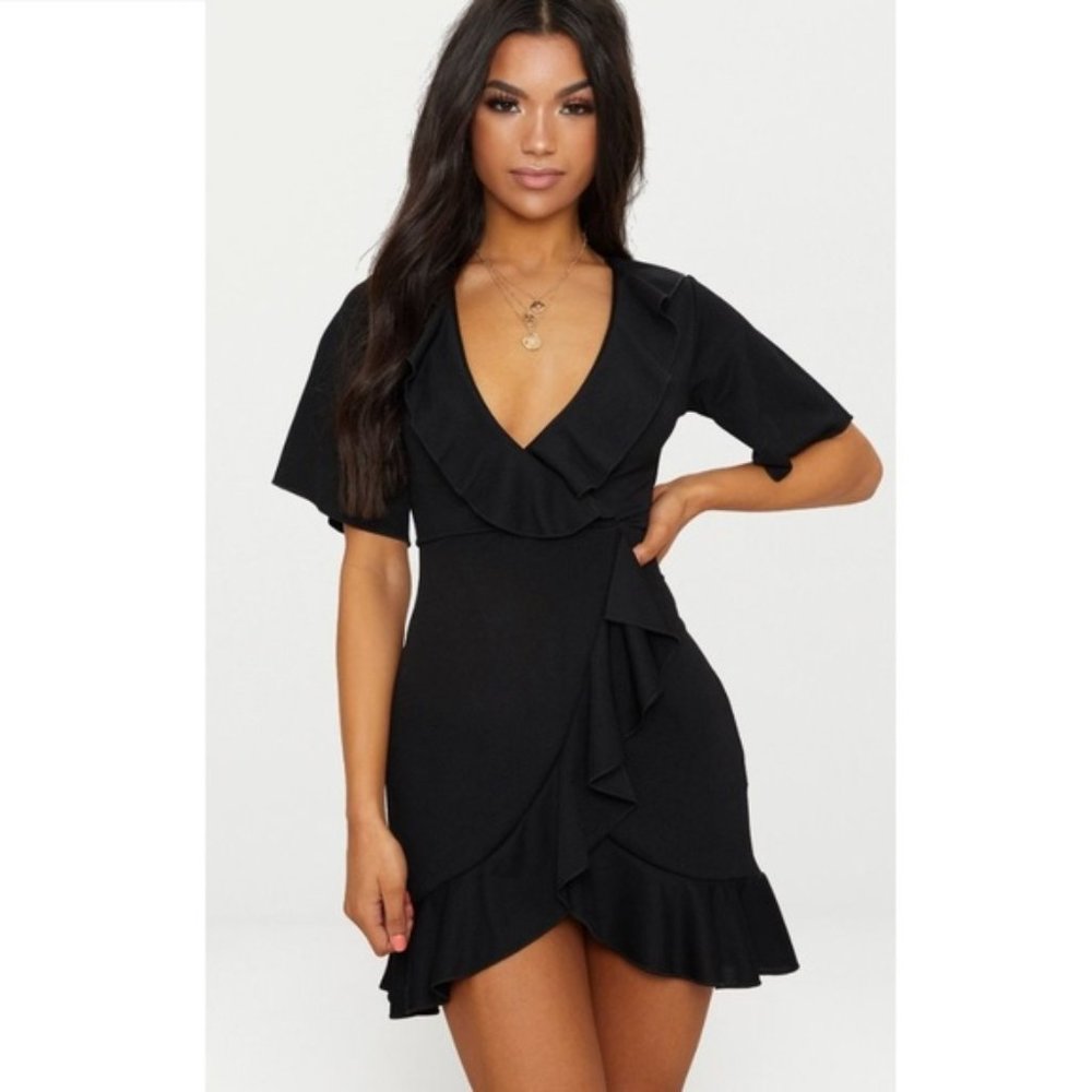 PRETTY LITTLE THING Black Frill Wrap Dress NWT 6